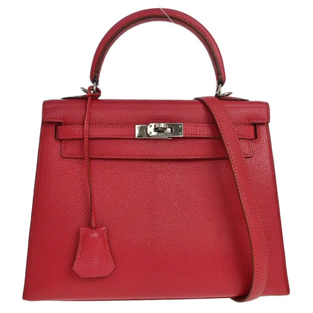 Hermes Kelly Red Chevre De Coromandel With Palladium Hardware Pink Calfskin